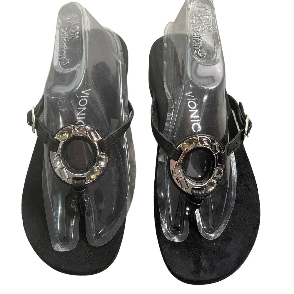 Vionic Ricci Thong Orthotic Sandal Black Silver Hardware Women's Size 9